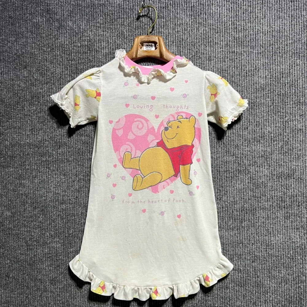 Vintage Disney Winnie the Pooh Nightgown Kids 6X White Pink Ruffle 90s Sleepwear